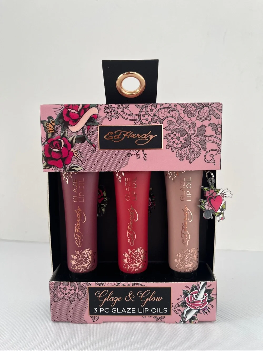 Ed Hardy Glaze & Glow 3-Piece Lip Oil Set iconic tattoo graphics w/charms NWT